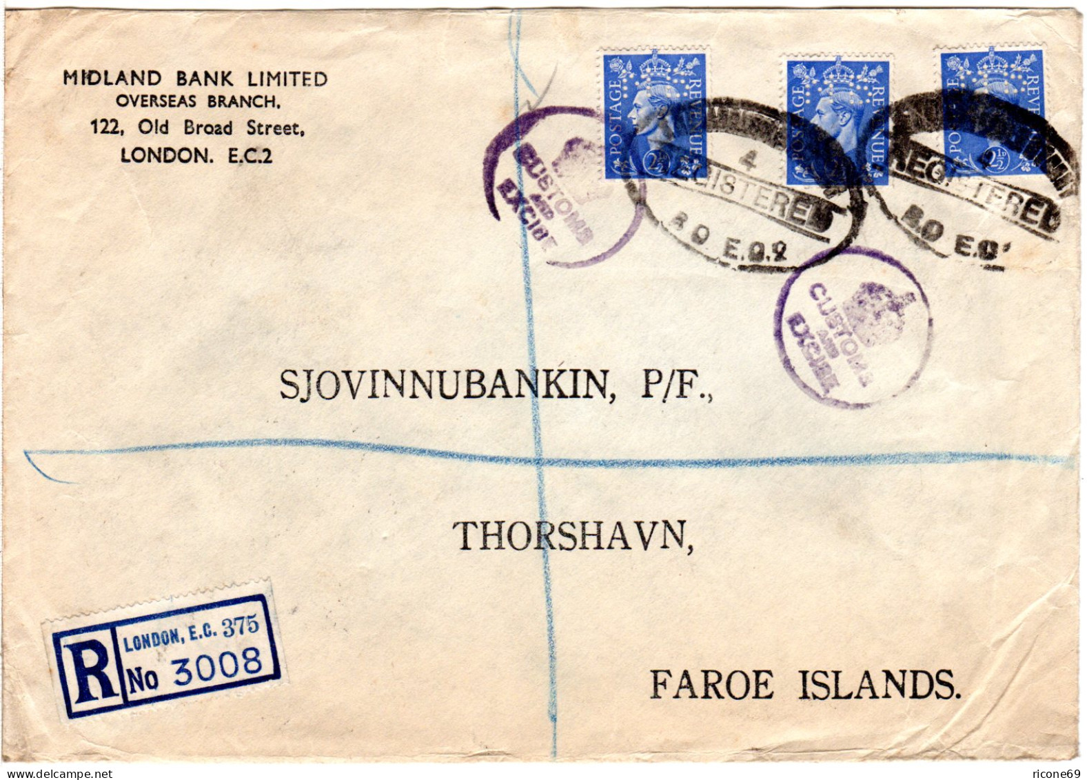 GB 1945, 3x2 1/2d M. Perfins Auf Bank Reko Brief V. London N. Thorshavn Faeroer  - Autres & Non Classés