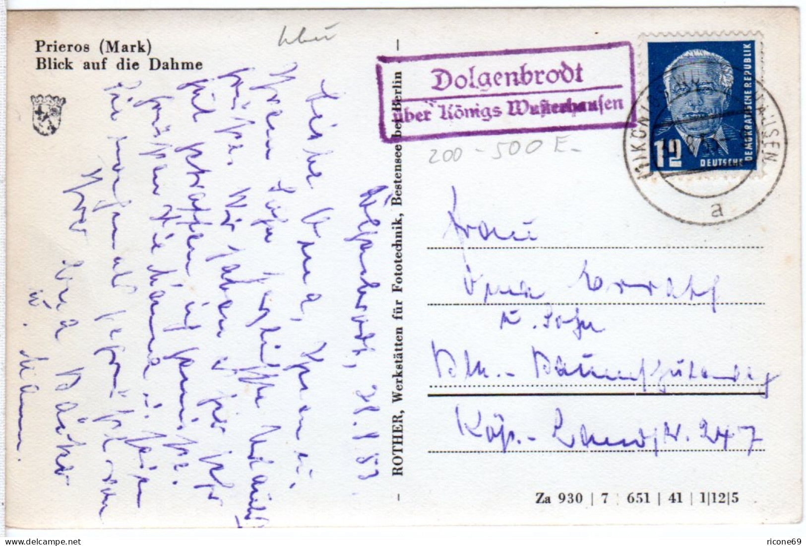 DDR 1953, Landpost Stpl DOLGENBRODT über Königs Wustershausen Auf Karte M. 12 Pf - Brieven En Documenten