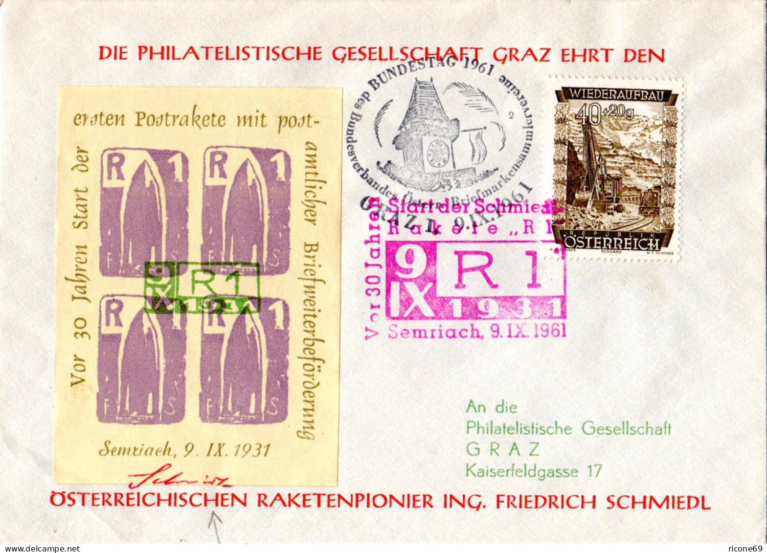 ÖSTERREICH RAKETENPOST 1961 Brief M. Raketenblock U. Schmiedl Unterschrift - Briefe U. Dokumente