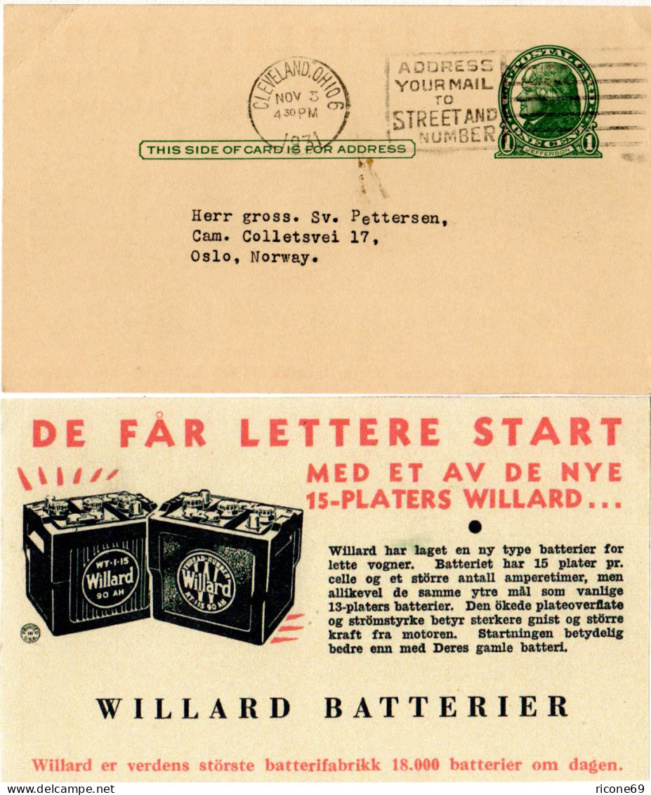 USA 1931, 1 C. Ganzsache M. Rücks. Batterie Zudruck V. Cleveland N. Norwegen - Andere & Zonder Classificatie