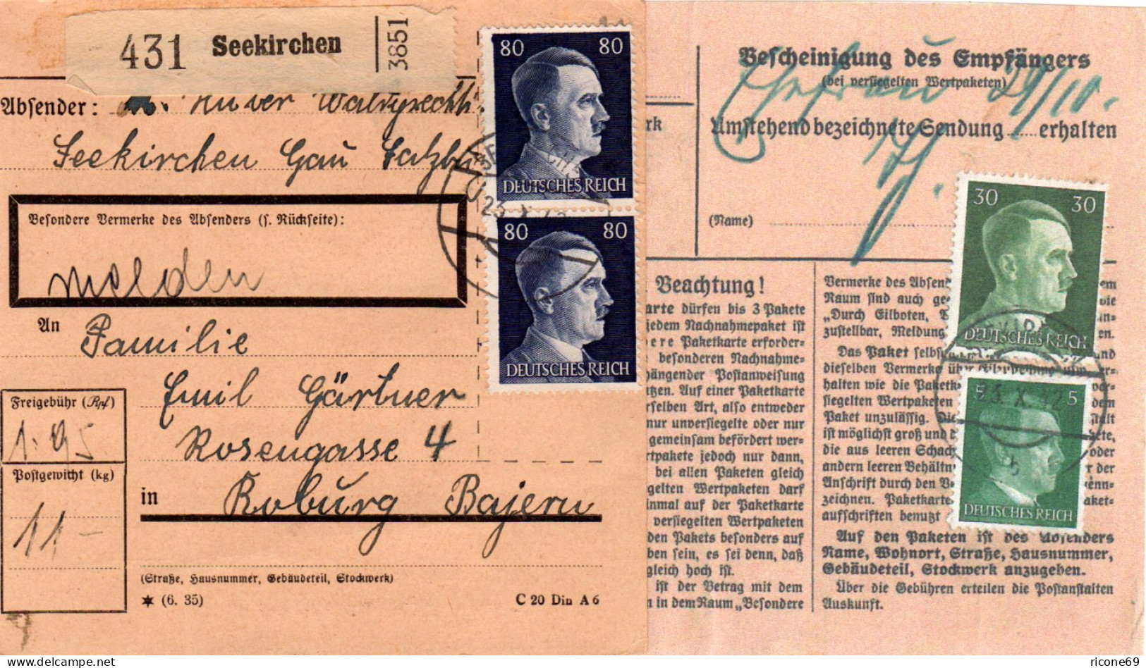 DR 1942, Paar 80 + Rs. 5+30 Pf. Auf Paketkarte V. SEEKIRCHEN Österreich - Brieven En Documenten