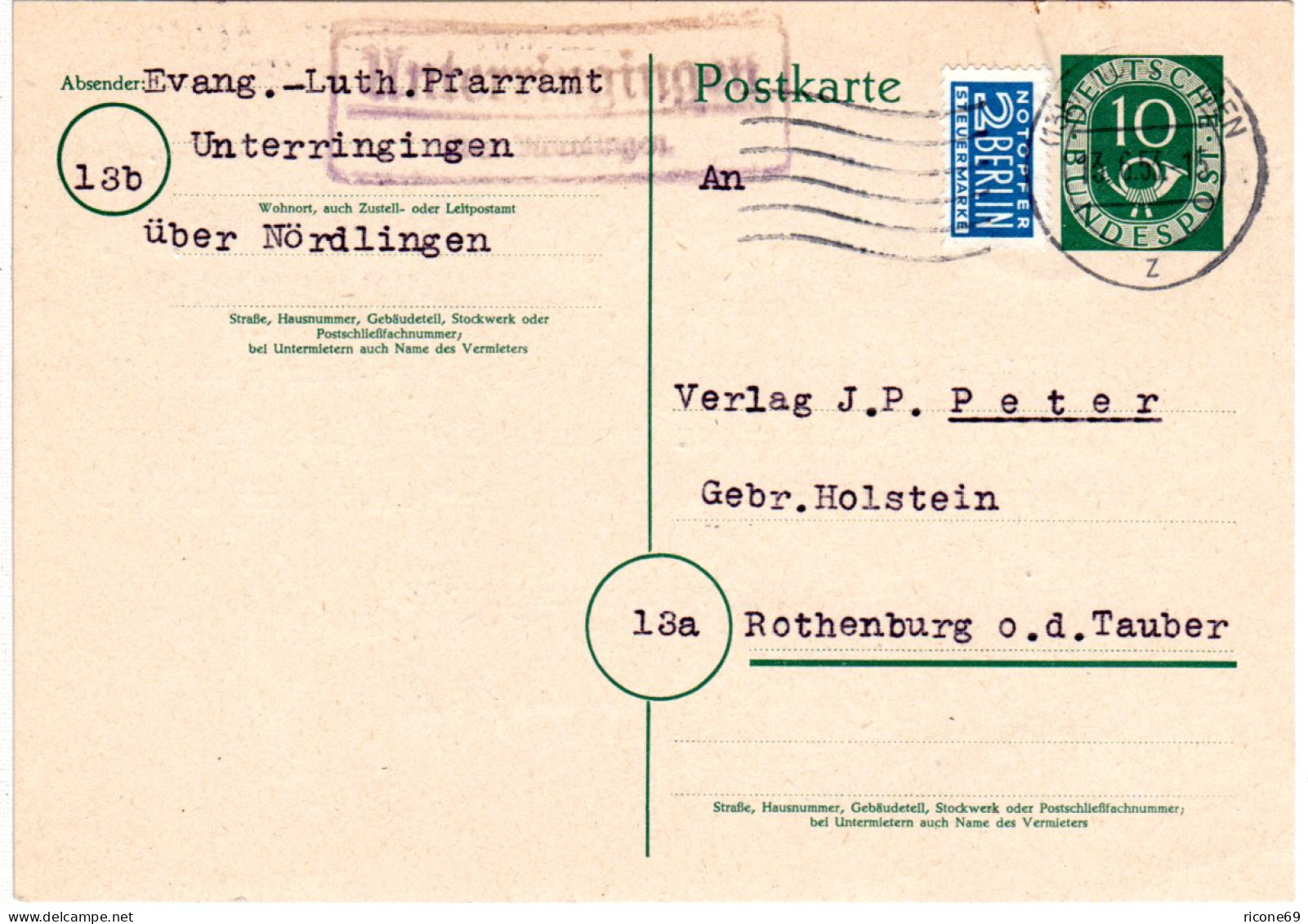 BRD 1953, Landpost Stpl. UNTERRINGINGEN über Nördlingen Auf 10 Pf. Ganzsache - Brieven En Documenten