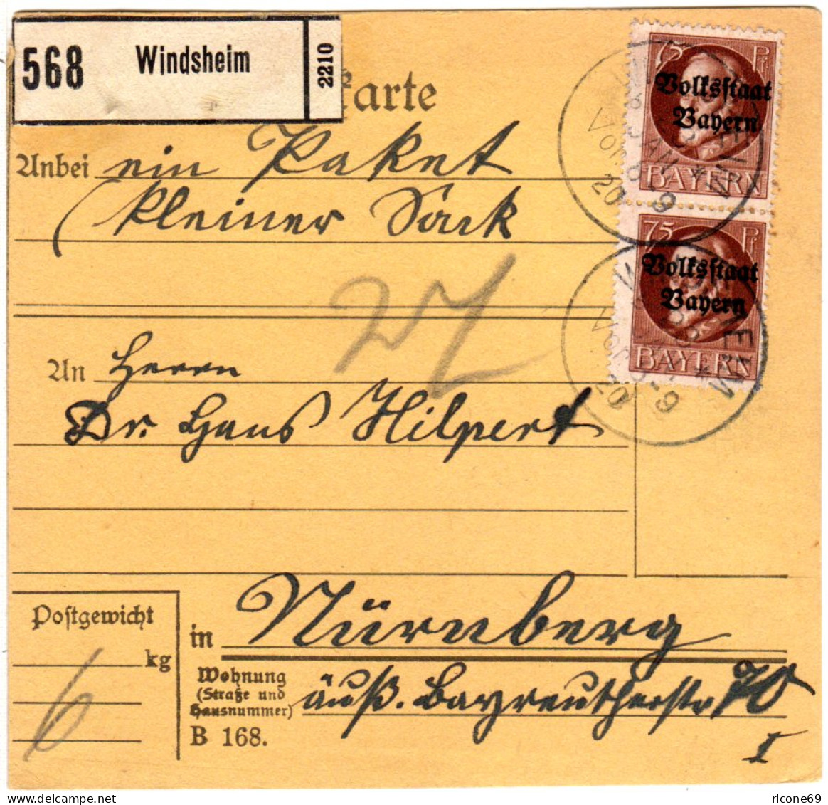 Bayern 1920, MeF 2x75 Pf. Volksstaat Auf Paketkarte V. WINDSHEIM - Brieven En Documenten