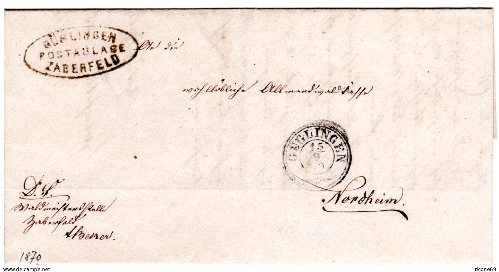 Württemberg 1870, Postablage ZABERFELD (Güglingen) Auf Brief N. Nordheim - Lettres & Documents