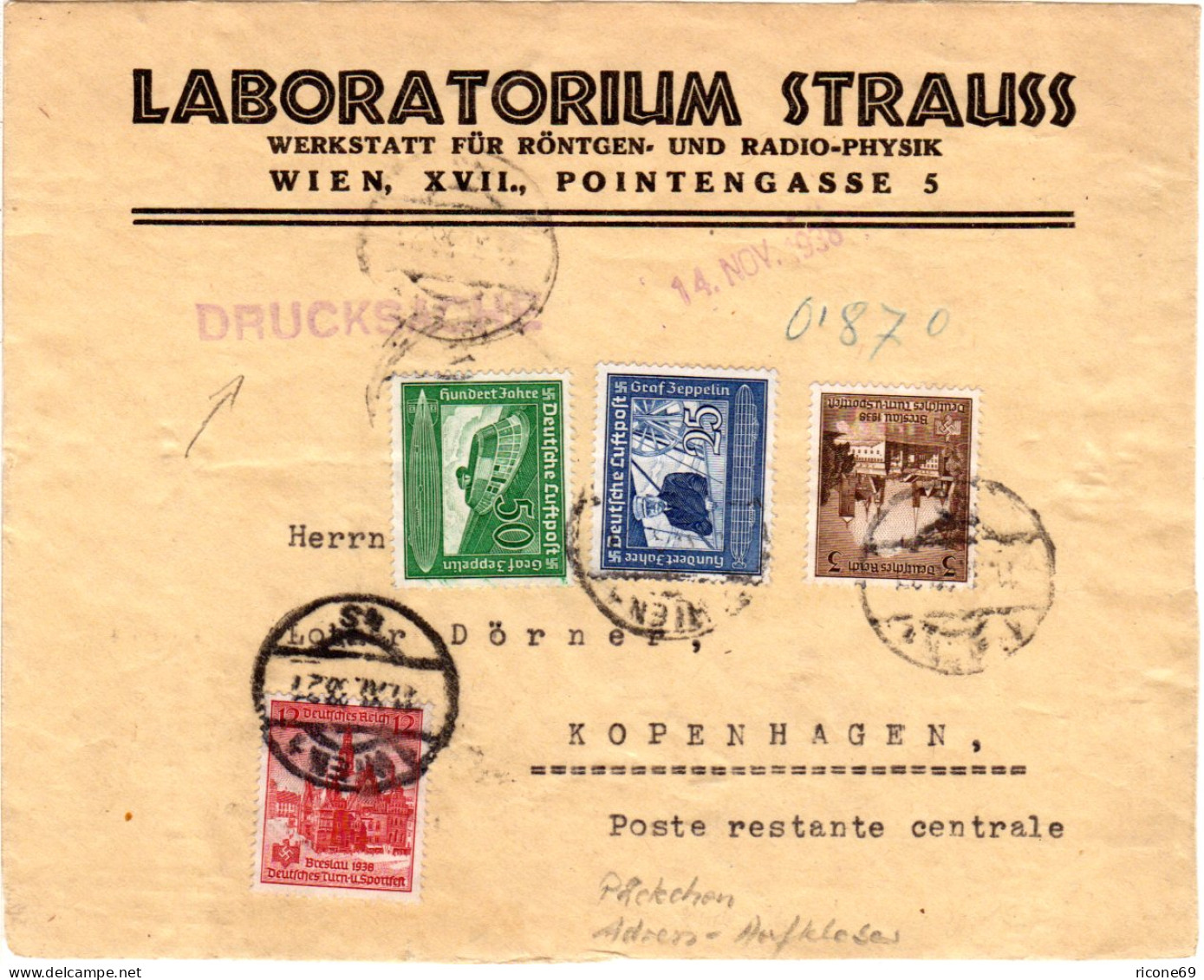 DR 1938, 4 Marken Auf Adressaufkleber F. Drucksachensendung V. Wien N. Dänemark - Lettres & Documents