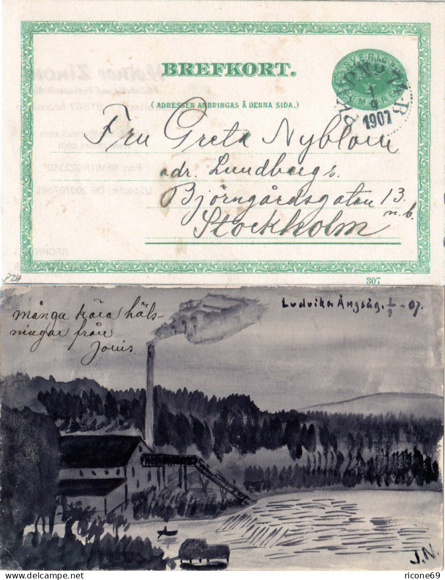 Schweden 1907, 5 öre Ganzsache M. Rs. Malerei Ludvika Angsag Per Bahnpost 74B - Cartas & Documentos