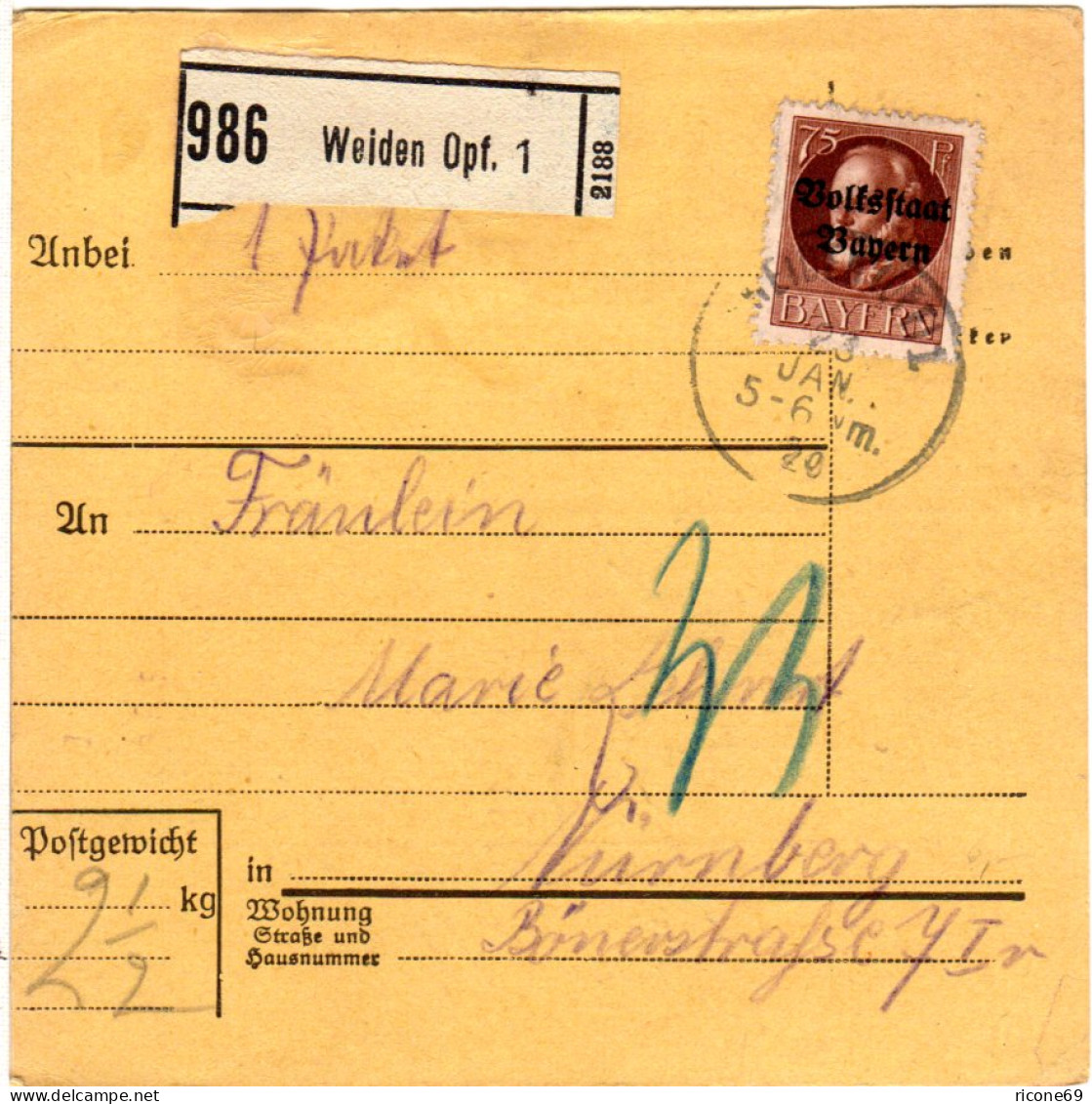 Bayern 1920, EF 75 Pf. Volksstaat Auf Paketkarte V. WEIDEN Opf.1 - Covers & Documents