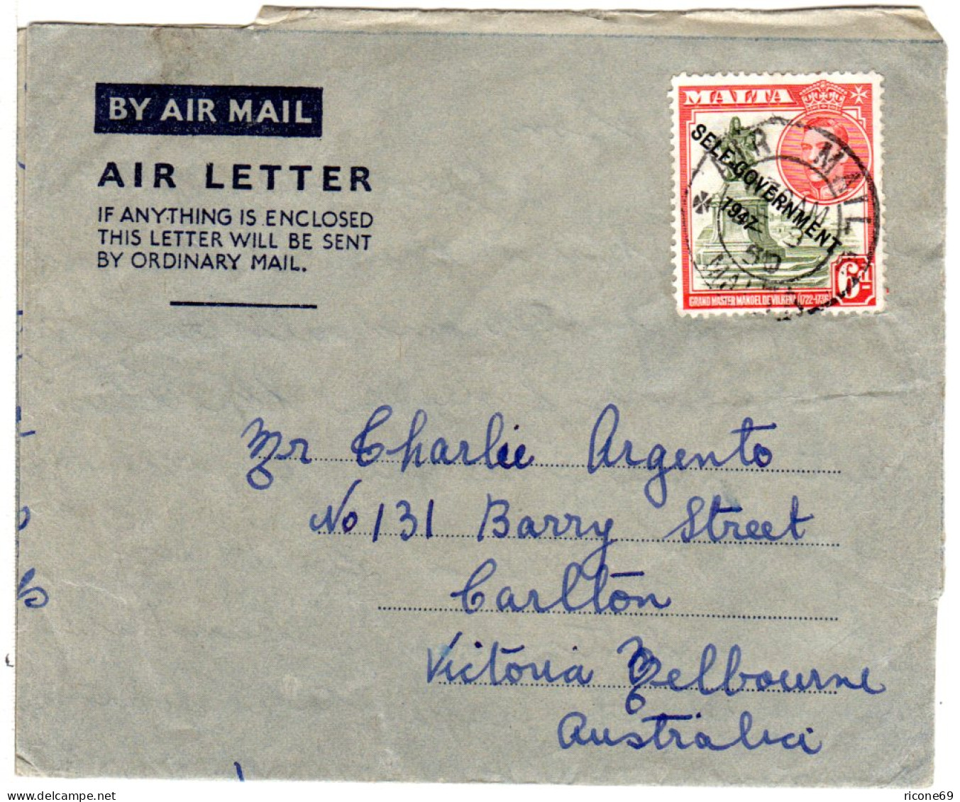 Malta 1950, 6d Auf Air Letter Luftpost Brief N. Australien.  - Malte