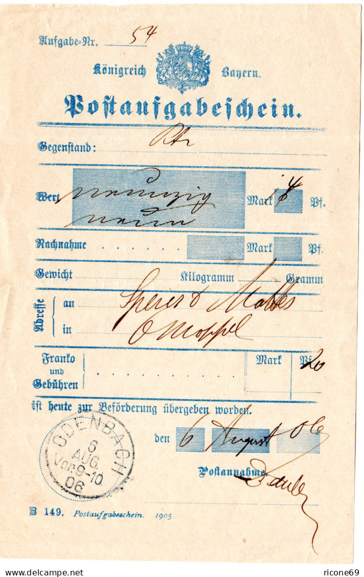 Bayern 1906, Postschein F. Einen Wertbrief M. Pfalz-K1 ODENBACH - Storia Postale