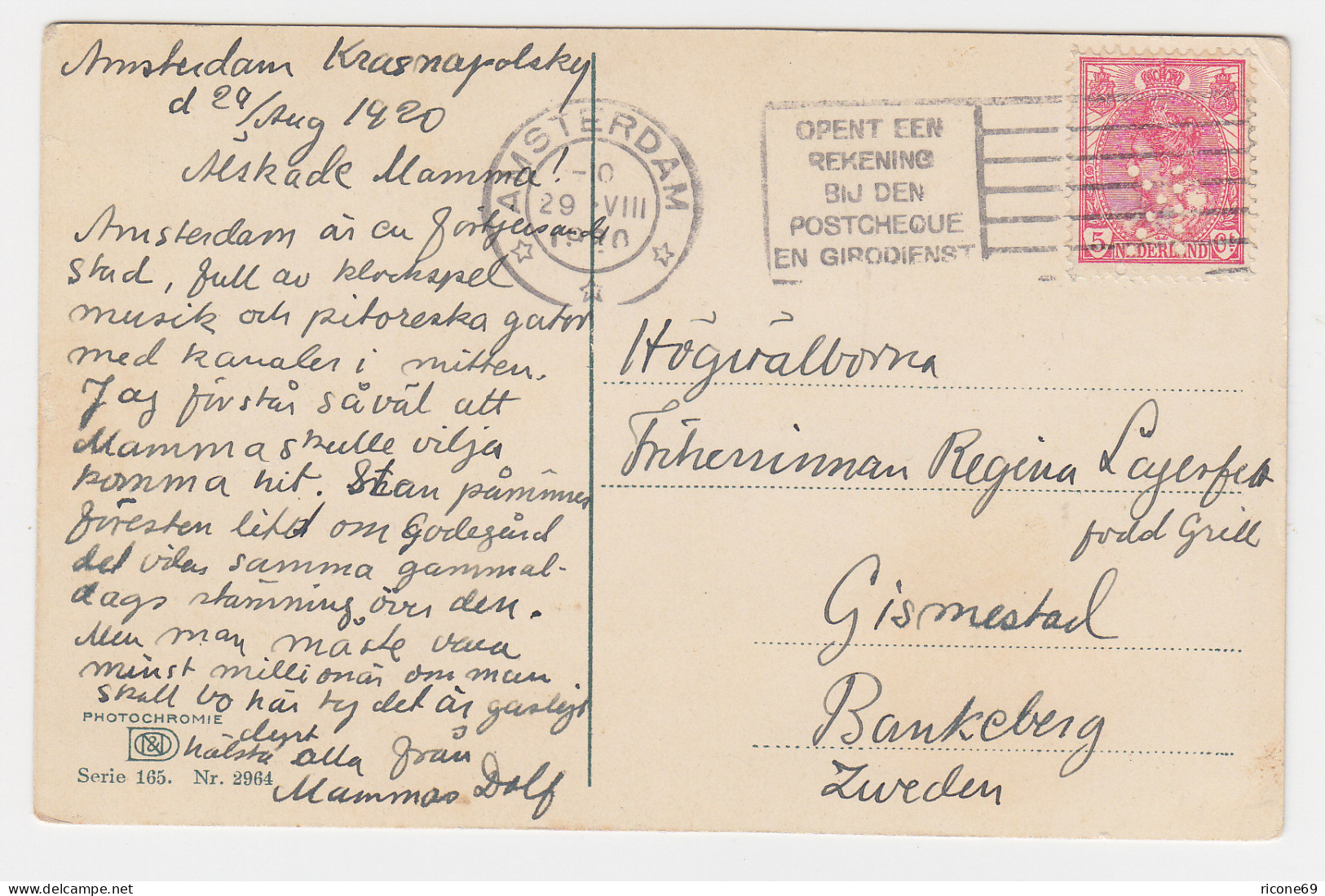 NL 1920, 5 C. M. Perfins Firmenlochung Auf Karte V. Amsterdam N. Schweden. - Altri & Non Classificati