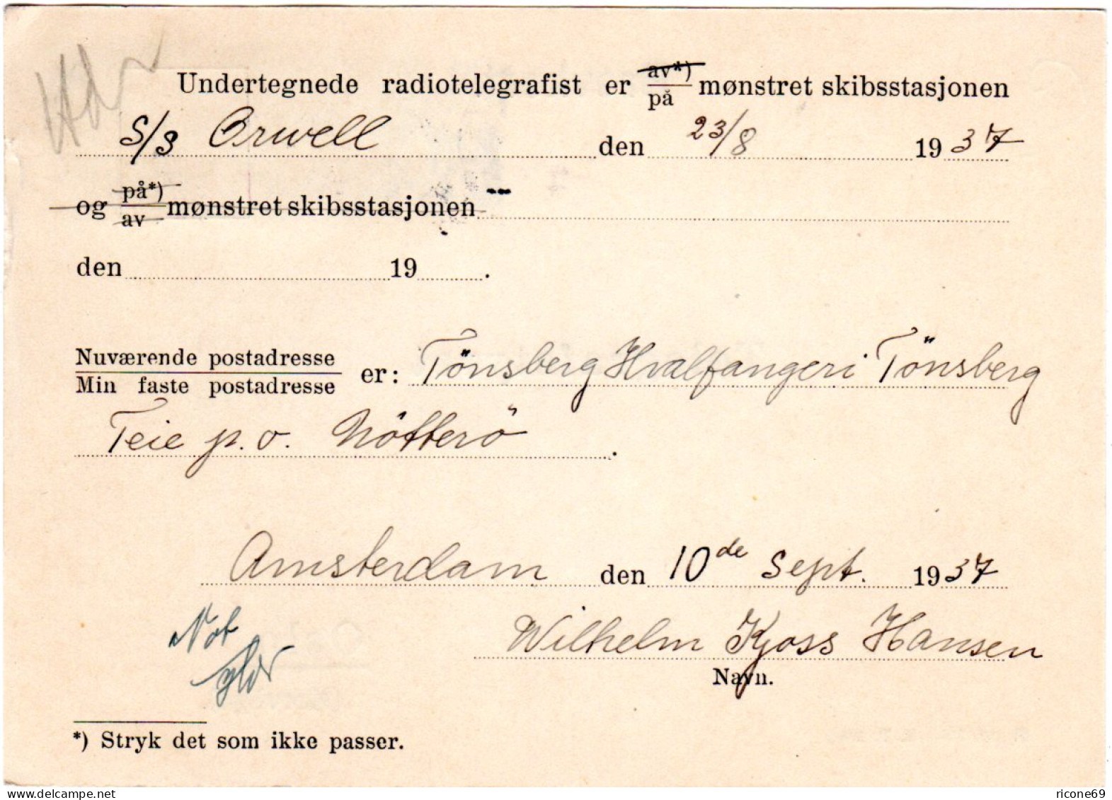 NL 1937, 2x5 C. Auf Norwegen Radiotelegrafist Karte Schiff S/S Orwell - Autres & Non Classés