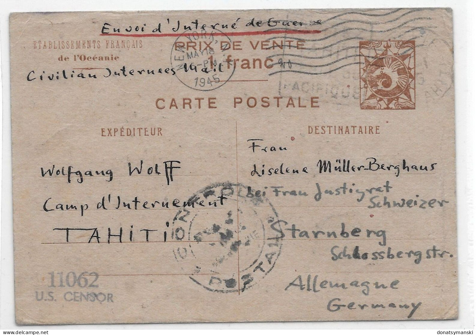 Océanie Entier Interzone Local ACEP CP12 Interné Allemand Tahiti (1-5-1945) - Briefe U. Dokumente