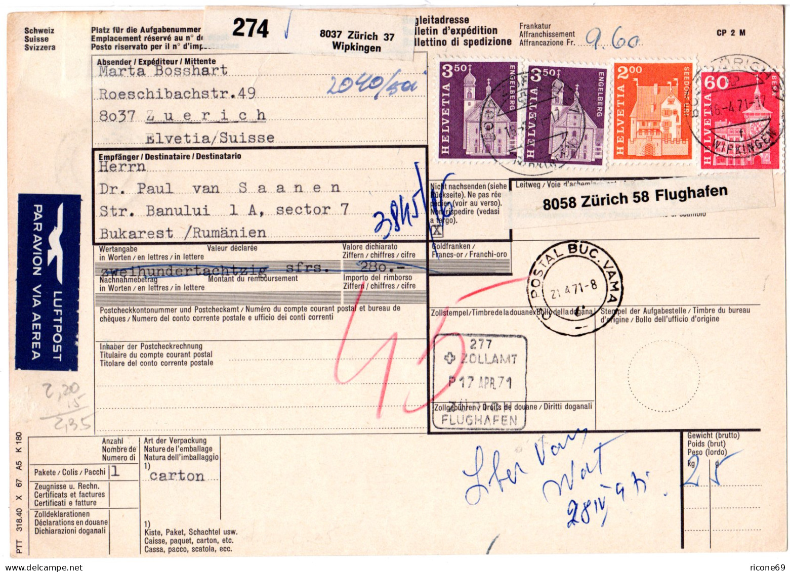 Schweiz 1971, 4 Marken Auf Paketkarte V. Zürich Wipkingen M. Kl. Luftpostetikett - Brieven En Documenten