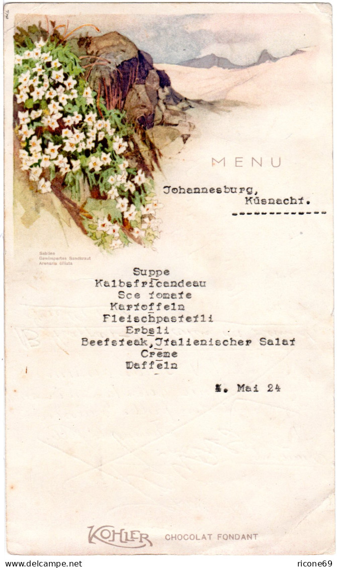 Schweiz 1924, 8 Portomarken Auf Menukarte M. 10 C. V. Küsnacht - Lettres & Documents