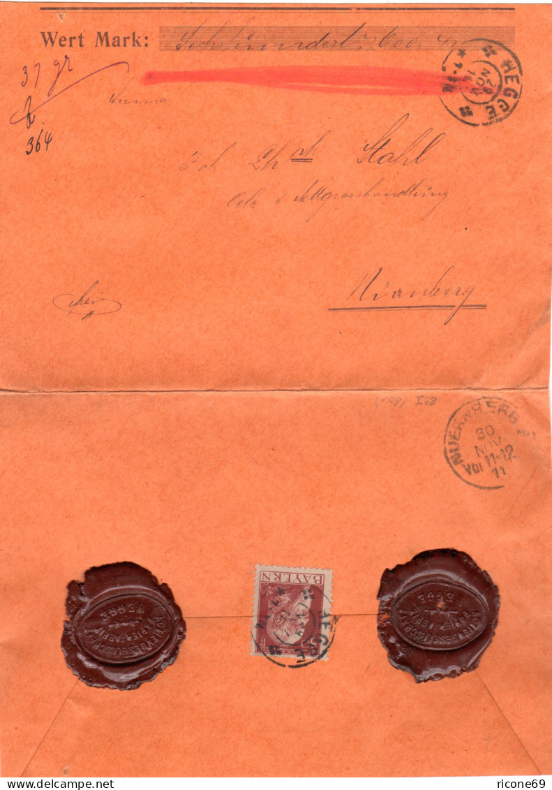 Bayern 1911, EF 50 Pfg. Type I Rücks. Auf Wert Brief V. HEGGE - Storia Postale