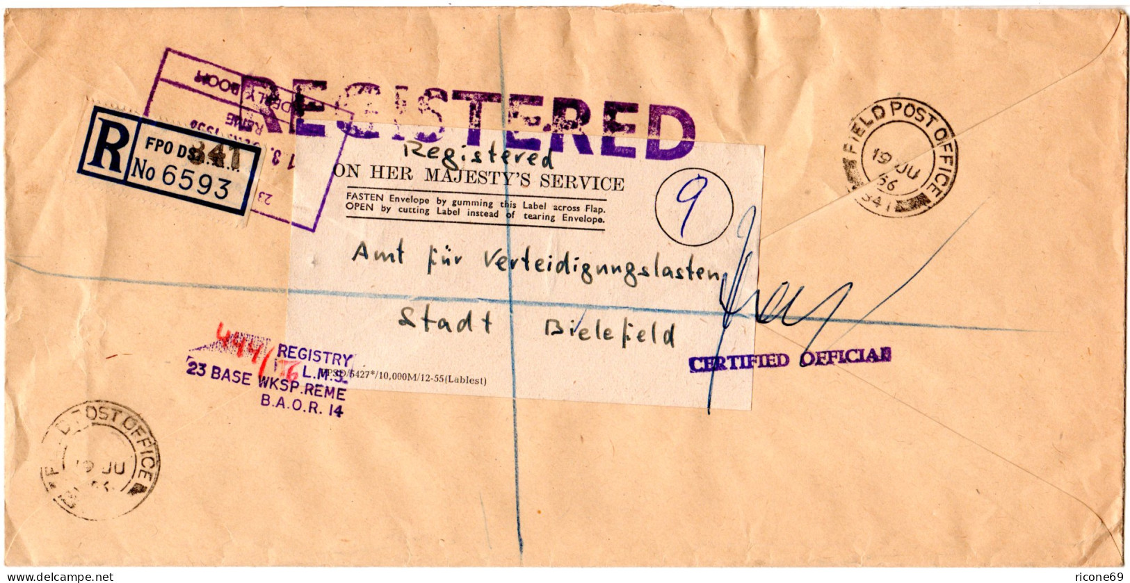 GB 1956, FPO 841, Registered Letter To A German Defense Office In Bielefeld - Sonstige & Ohne Zuordnung