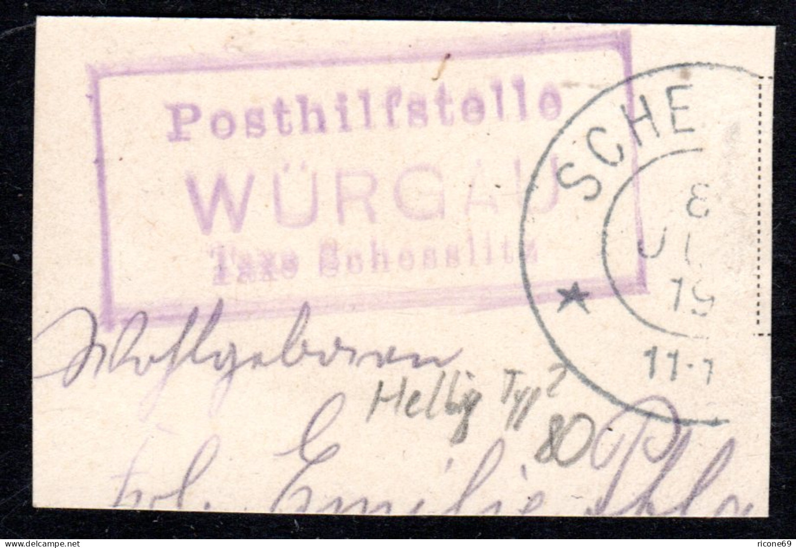Bayern 1919, Posthilfstelle WÜRGAU Taxe Schesslitz Auf Kl. Briefstück - Storia Postale