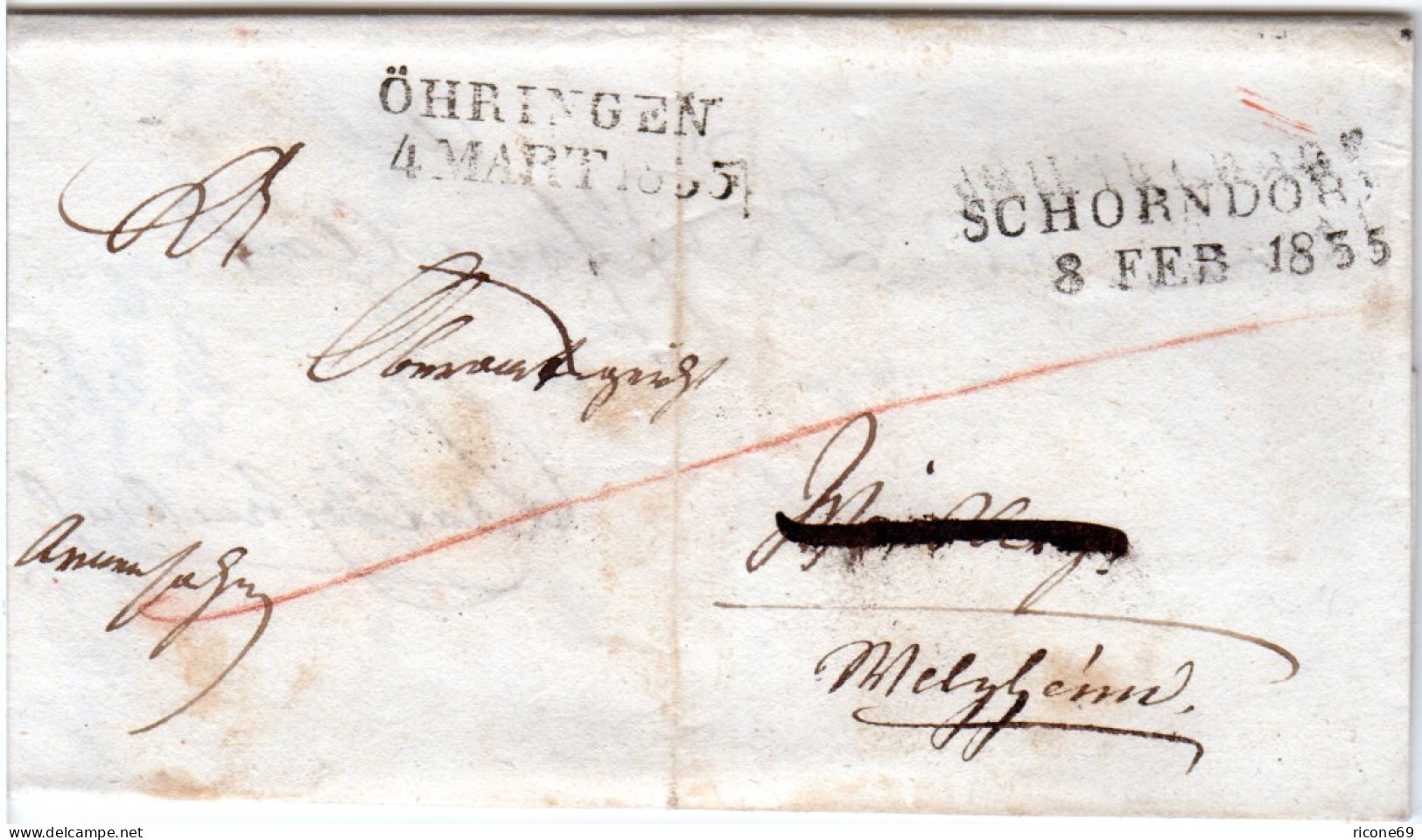Württemberg 1855, L2 SCHORNDORF U. ÖHRINGEN Auf Armensache Nachsende Brief  - [Voorlopers
