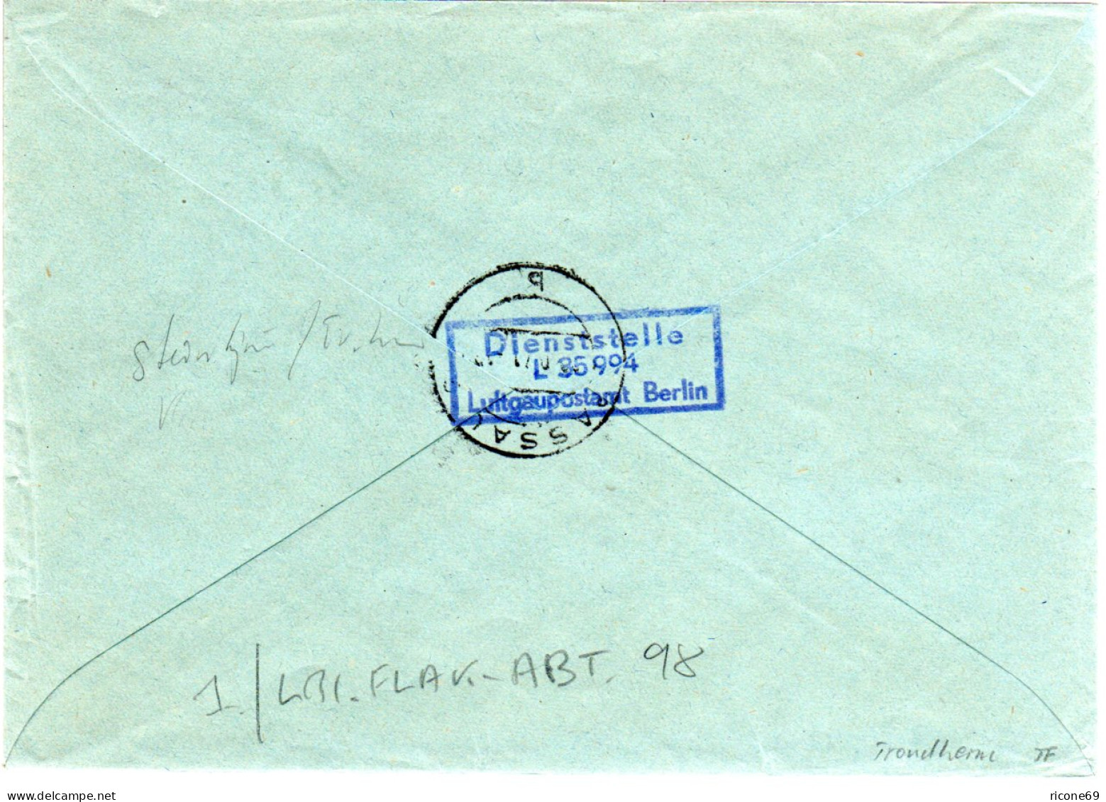 FP WK II 1941, Einschreiben Brief V. Trondheim über LG PA Berlin N. Passau - Feldpost 2. Weltkrieg