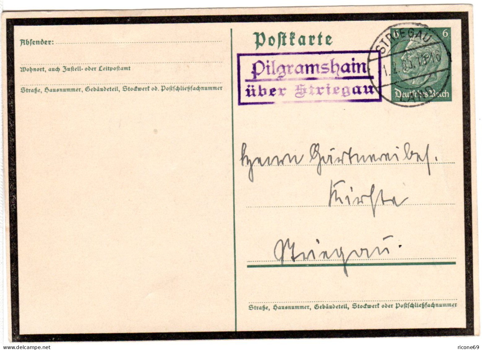 DR 1935, Landpost Stpl. PILGRAMSHAIN über Striegau Auf 6 Pf. Trauer-Ganzsache. - Cartas & Documentos