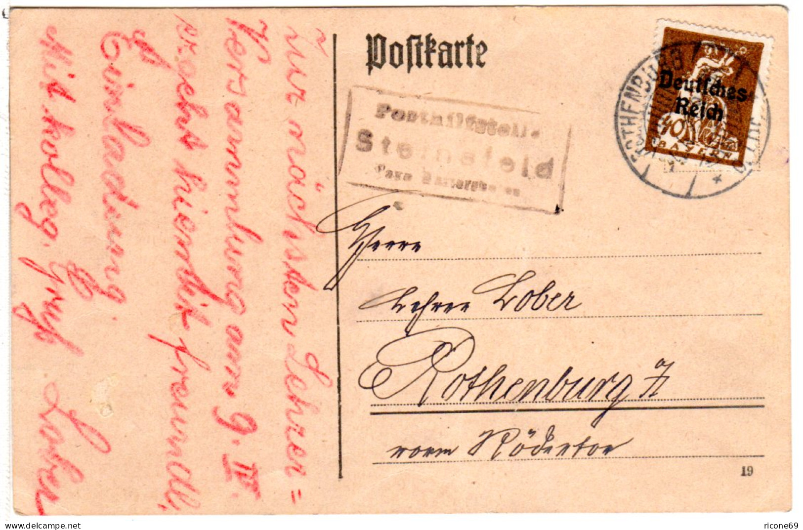 DR 1921, Bayern Posthilfstelle STEINSFELD Taxe Hartershofen Auf Karte M. 40 Pf. - Cartas & Documentos