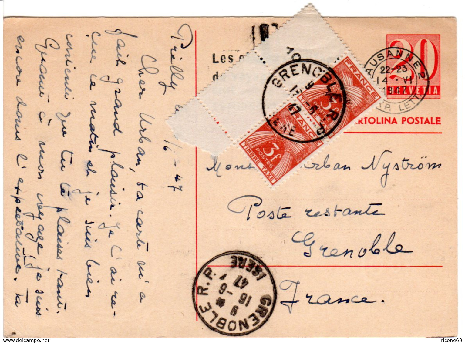 Schweiz 1947, 20 C. Ganzsache V. Lausanne M. Paar 3 F. Frankreich Portomarken - Cartas & Documentos