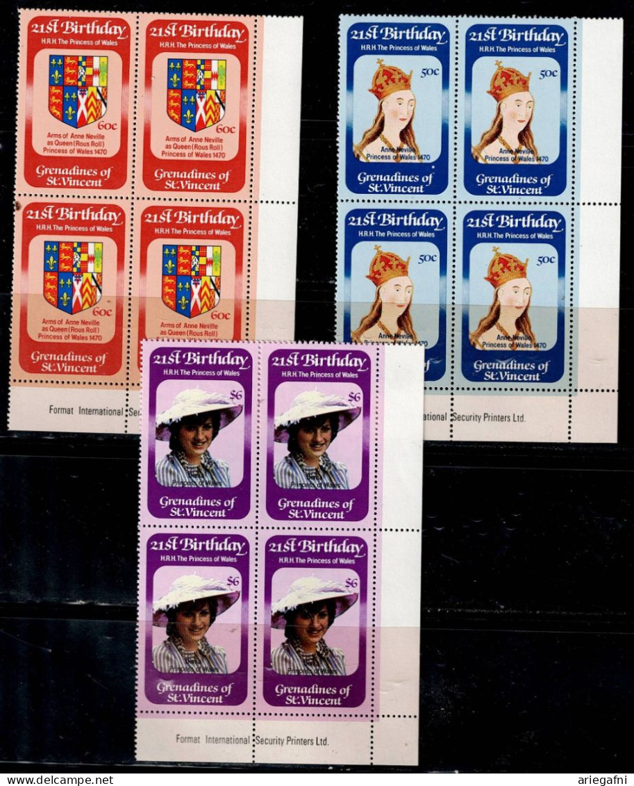 GRENADINES OF ST. VINCENT 1982 21st BIRTHDAY OF PRINCESS DIANA BLOCK OF 4 MI No 244-6 MNH VF!! - St.Vincent & Grenadines