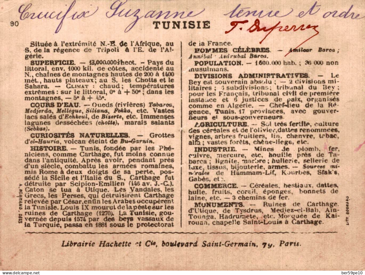 CHROMO LIBRAIRIE HACHETTE ET Cie A PARIS CARTE GEOGRAPHIQUE DE LA TUNISIE - Autres & Non Classés