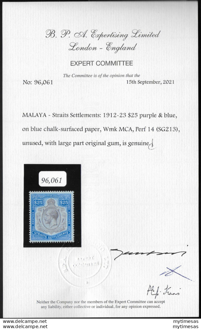 1912-23 Malaysia Straits Settlements $25 MLH SG N. 213 - Other & Unclassified