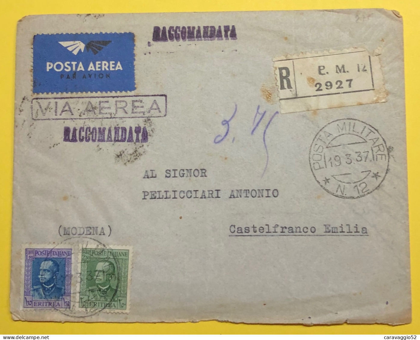 1937 ERITREA RACCOMANDATA DALLA P.M. 12 X VIA AEREA X CASTELFRANCO EMILIA - Eritrea