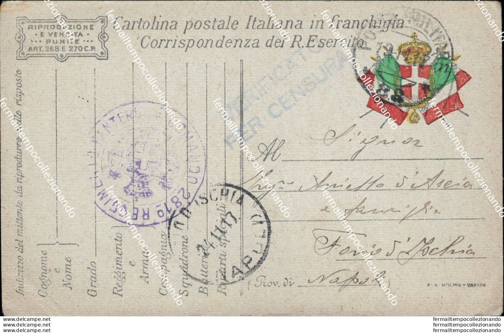 Bm471 Cartolina In Franchigia Posta Militare 88 Per Forio D'ischia 1917 - Franquicia