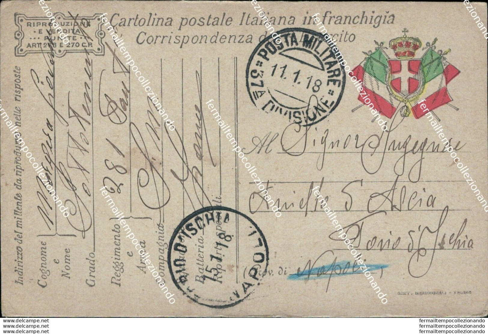 Bm474 Cartolina In Franchigia Posta Militare 37 Divisione Per Forio D'ischia - Portofreiheit