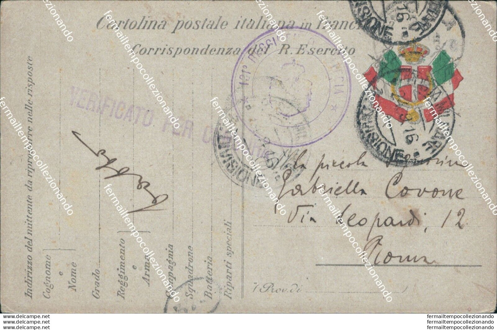Bc369 Cartolina Franchigia Militare Www1  1916 Per Roma - Franchise