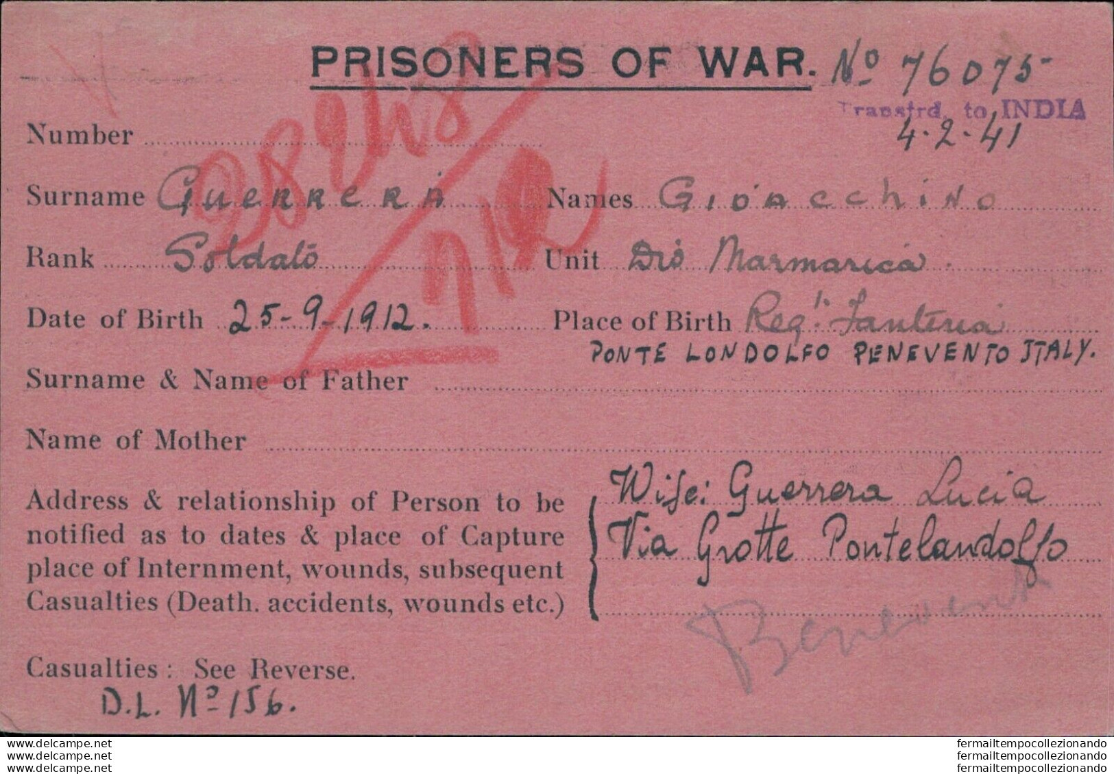 Bo83 Franchigia Militare Prigioniero Di Guerra In India  Pontelandolfo Benevento - Franchigia