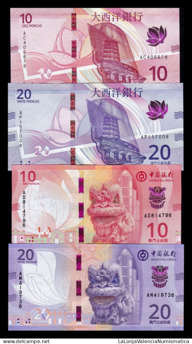 Macao Set 4 Banknotes 10 20 Patacas  BDC BNU 2020 (2024) Pick 90 91 129 130 Sc Unc - Macao