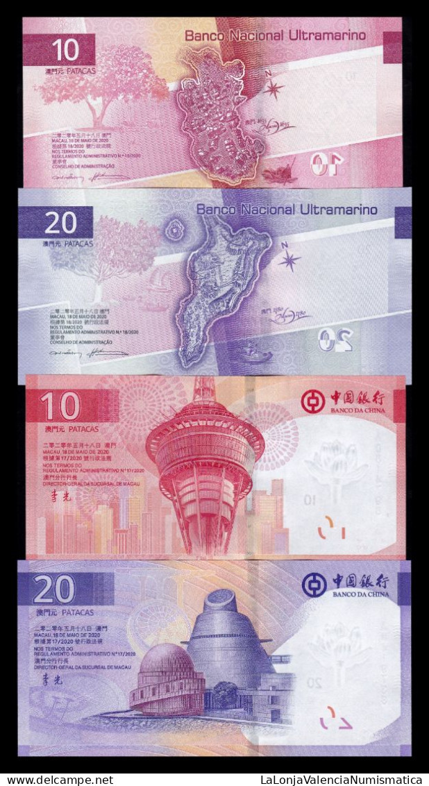 Macao Set 4 Banknotes 10 20 Patacas  BDC BNU 2020 (2024) Pick 90 91 129 130 Sc Unc - Macao