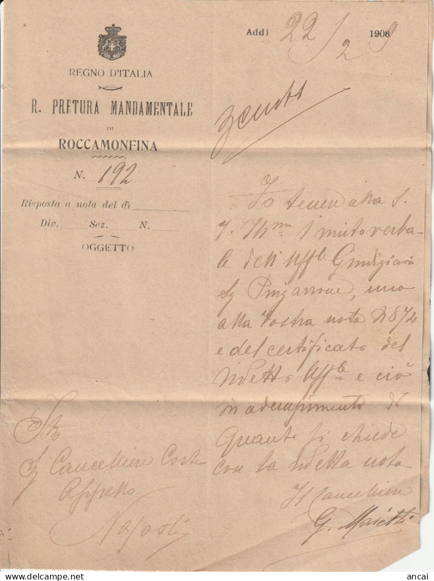 Italy. A214. Roccamonfina. 1910. Annullo Tondo Riquadrato ROCCAMONFINA (CASERTA) + Ovale PRETURA DI ROCCAMONFINA - Marcophilia