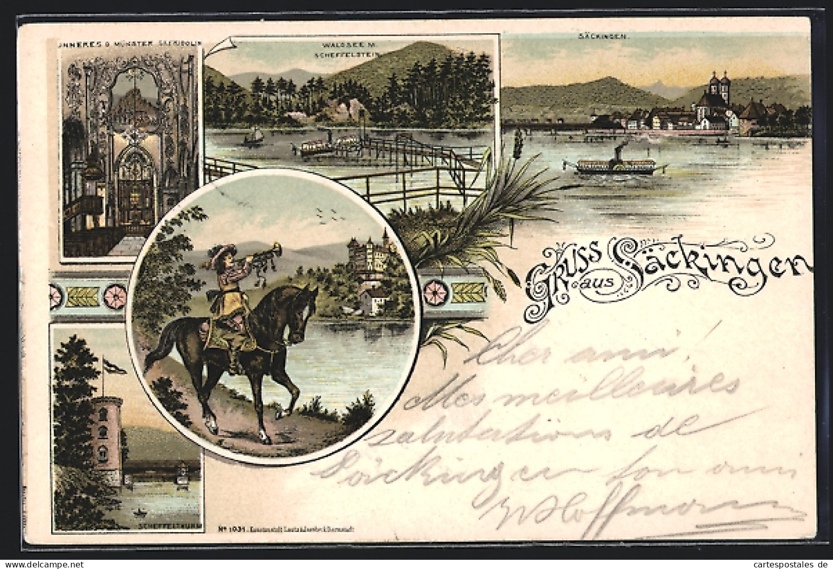 Lithographie Säckingen, Waldsee Mit Scheffelstein, Inneres D. Münster St. Fridolin, Trompeter Zu Pferde  - Bad Waldsee