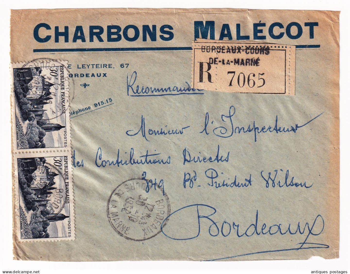 Lettre 1952 Recommandée Bordeaux Cours De La Marne Gironde Charbon Malécot Paire Arbois Jura 15F - Storia Postale