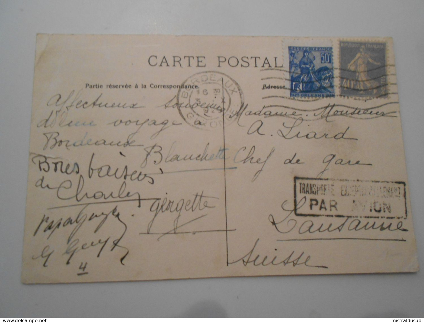 France Poste Aerienne ,çarte De Bordeaux 1929 Pour Lausanne - 1927-1959 Covers & Documents
