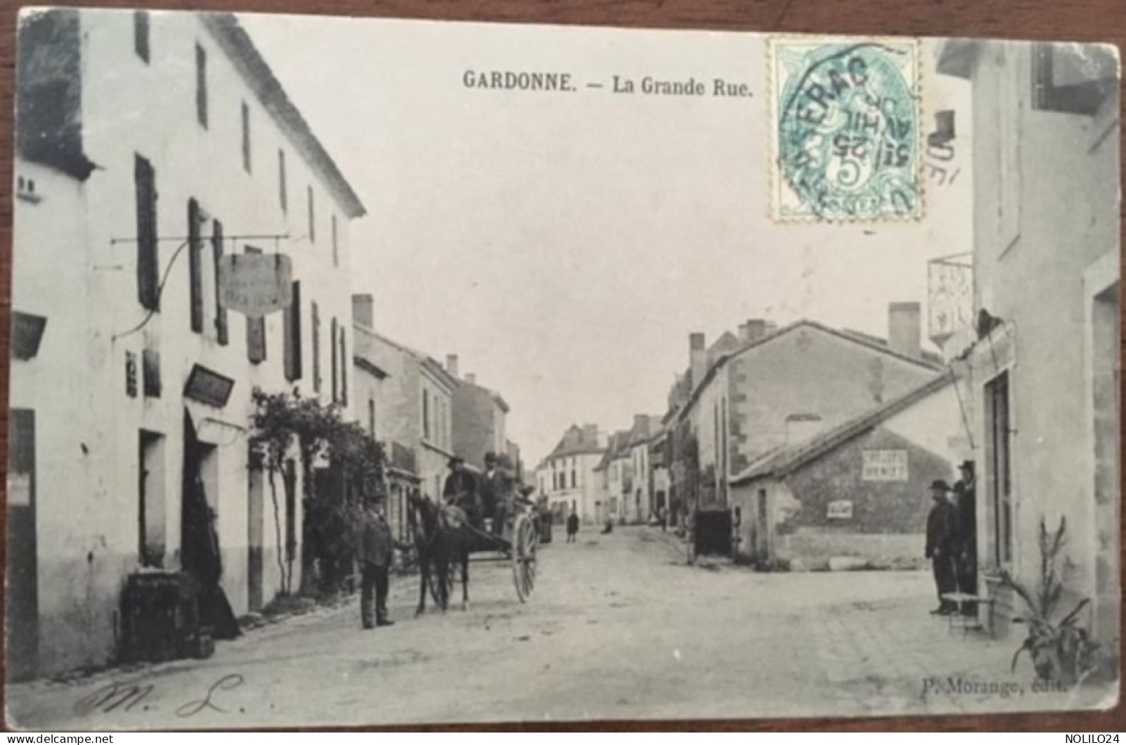 Cpa, 24 DORDOGNE, GARDONNE La Grande Rue, Animée, Attelage, Plaque Publicité Chocolat Menier, éd MORANGE,écrite En 1906 - Other & Unclassified