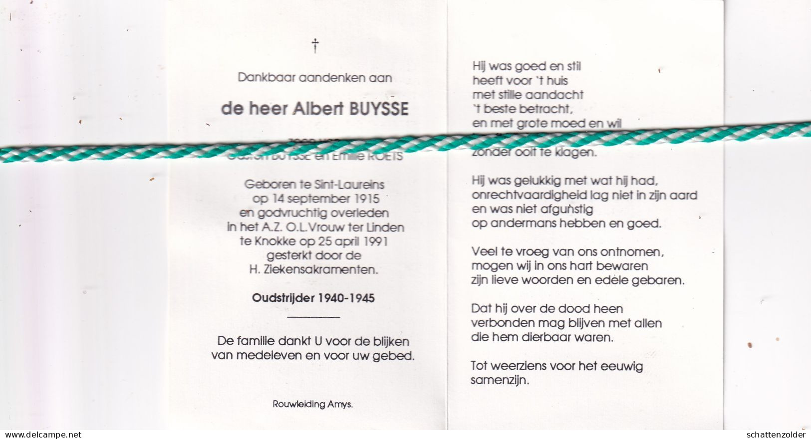 Albert Buyse, Sint-Laureins 1915, Knokke 1991. Oud-strijder 40-45 - Décès