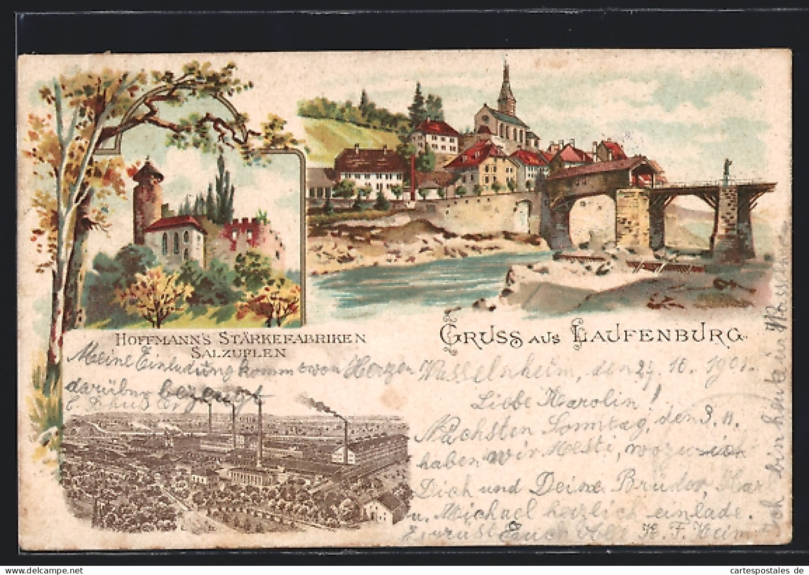 Lithographie Laufenburg, Uferpartie Mit Kirche, Burg, Salzuflen, Hoffmann`s Stärkefabriken  - Other & Unclassified