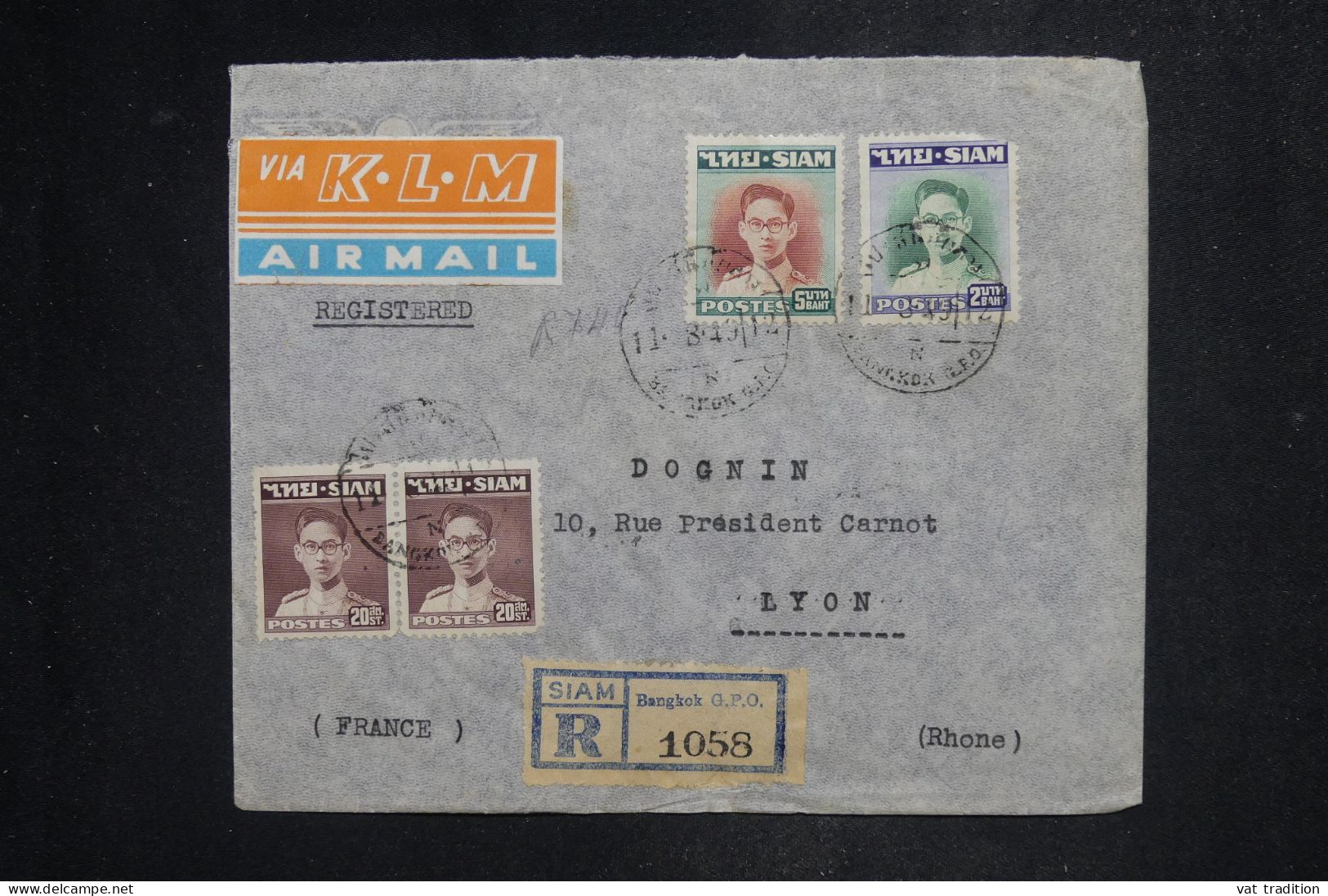 THAÏLLANDE - Lettre Recommandée Par Avion KLM > La France - 1949 - A 2985 - Thailand