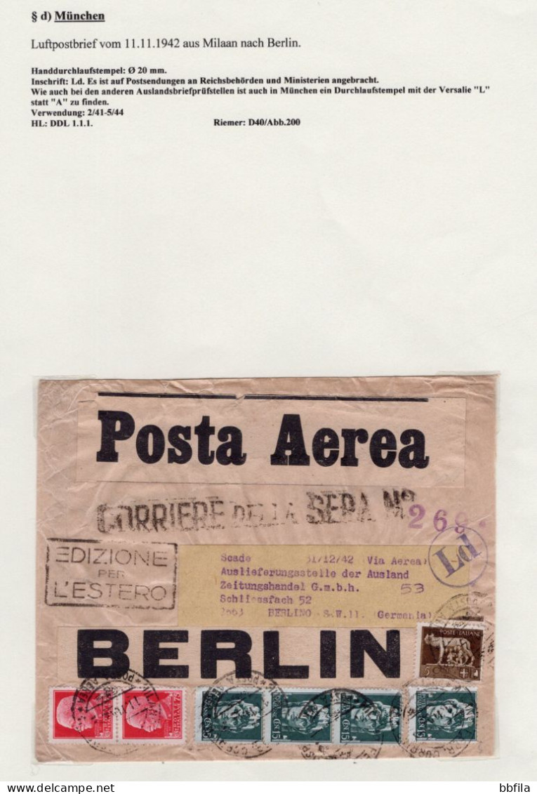 ITALY Air Cover 1942 Milano To Berlin, Germany - Poste Aérienne