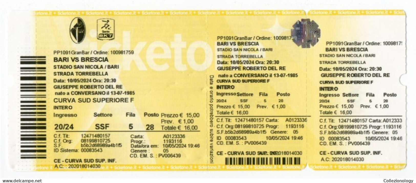 CALCIO BIGLIETTO BARI-BRESCIA 2-0 STADIO S. NICOLA 11/5/24 SERIE B 2023-2024 - Tickets D'entrée