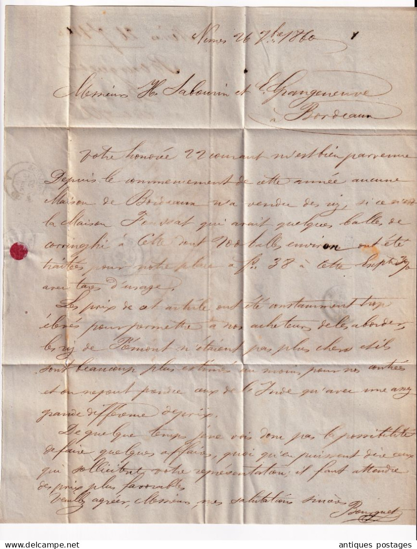 Lettre 1860  Nîmes Gard Bourguet Bordeaux Gironde Sabourin Grangeneuve Camargue Riz Riziculture Rice - 1853-1860 Napoléon III.