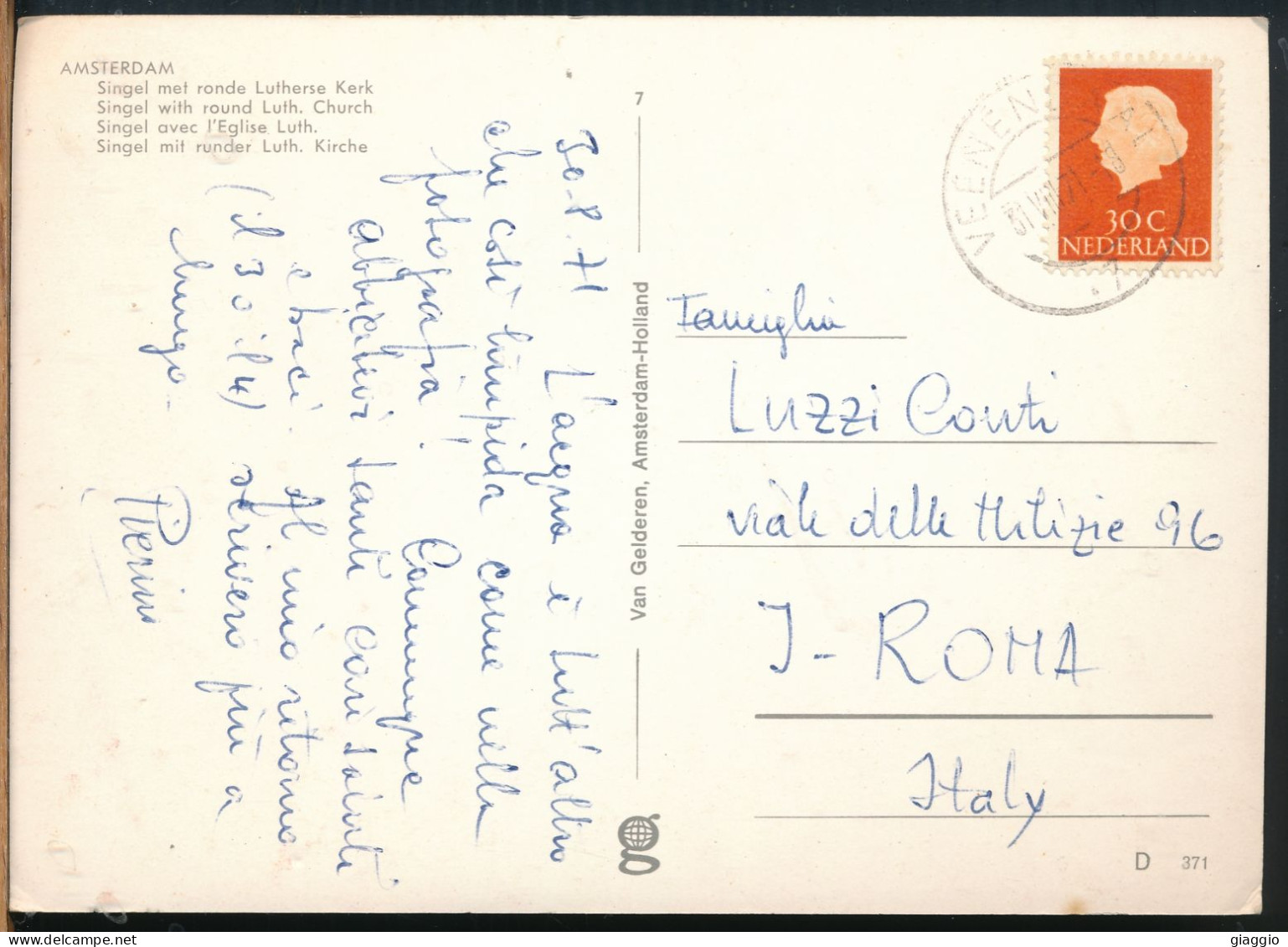 °°° 30932 - NETHERLAND - AMSTERDAM - SINGEL WITH ROUND LUTHERSE CHURCH - 1971 With Stamps °°° - Amsterdam