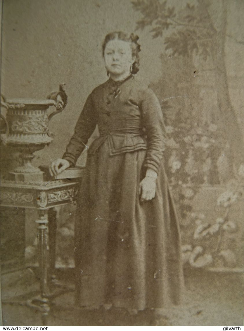 Photo Cdv Valentin Rezé, Reims - Fillette En Pied, Décor Trompe L'oeil, Circa 1870-75 L438 - Antiche (ante 1900)