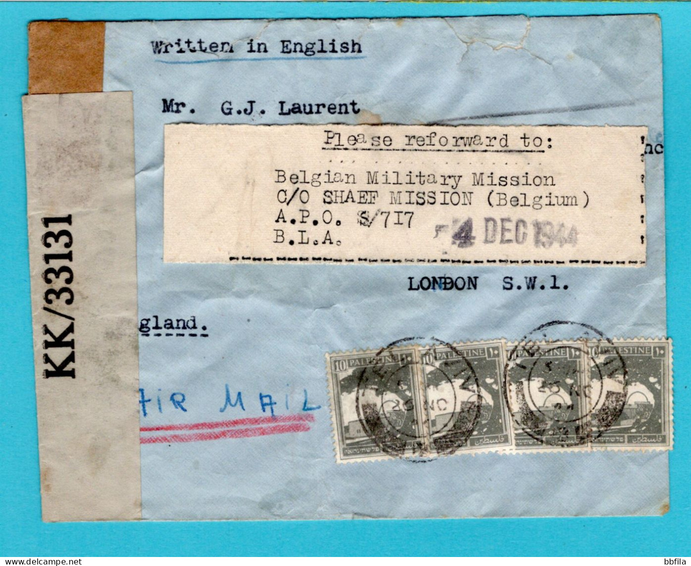 PALESTINE Air Censor Cover 1944 Tel Aviv To Ministry OfDefence Of Belgium In London And Forwarded - Palästina